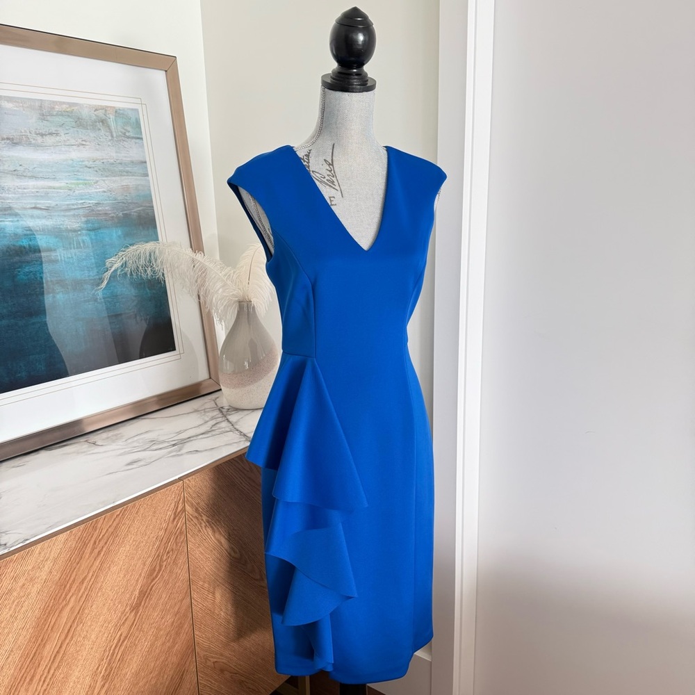 Eliza J Royal Blue Neoprene Ruffled Mid Length Cocktail Dress